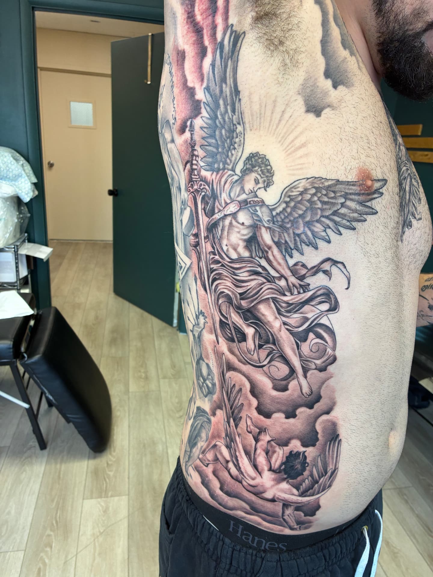 Archangel Michael black and grey rib piece