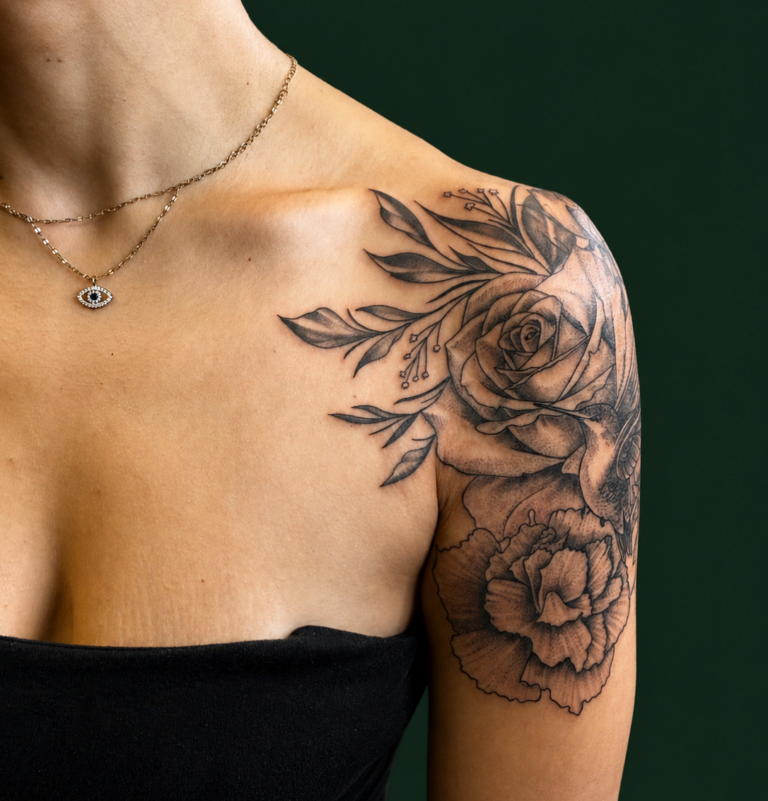 Black and grey floral rose shoulder tattoo